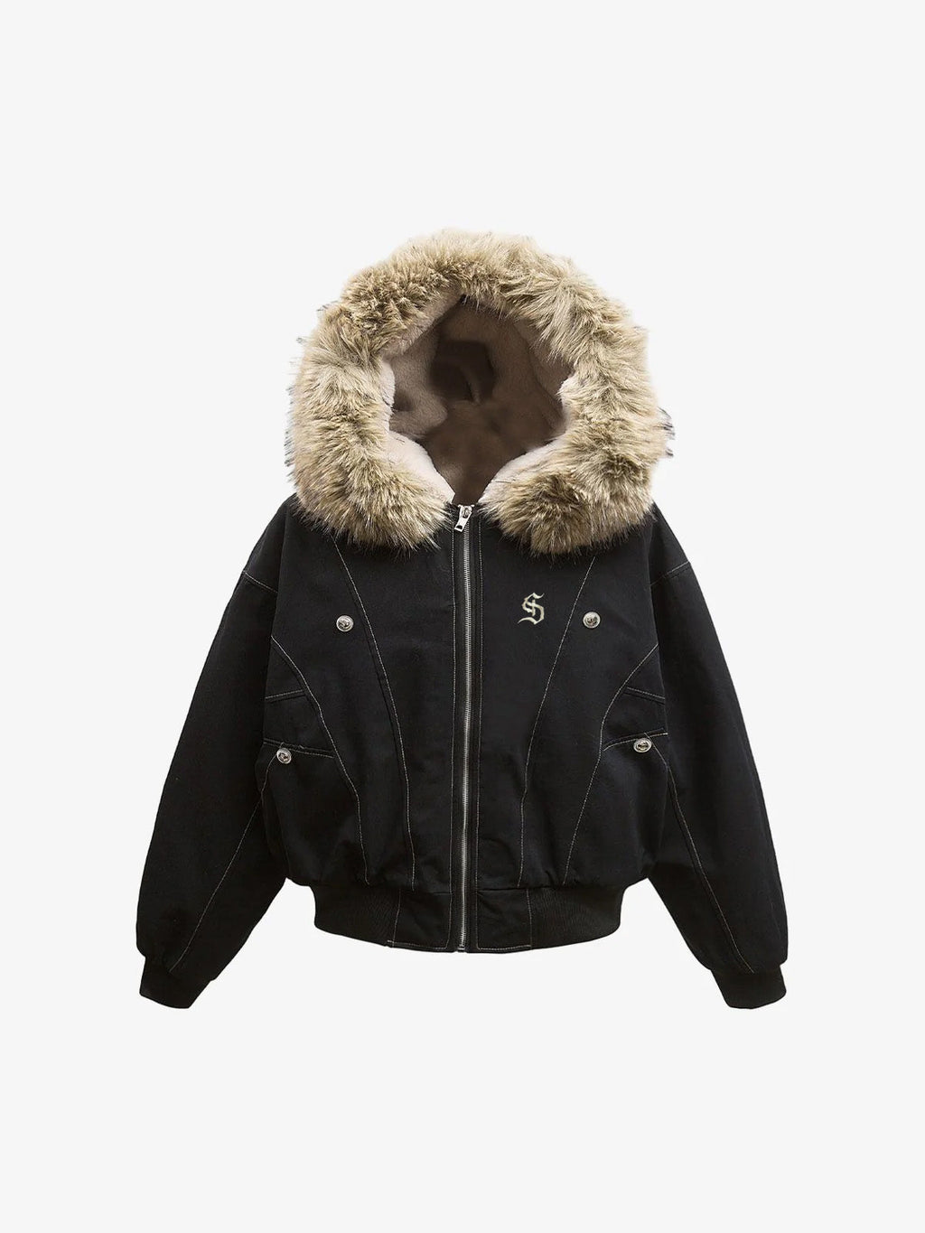Faux Fur Lined Zip Up Winter Hooded Bomber Jacket - 2560