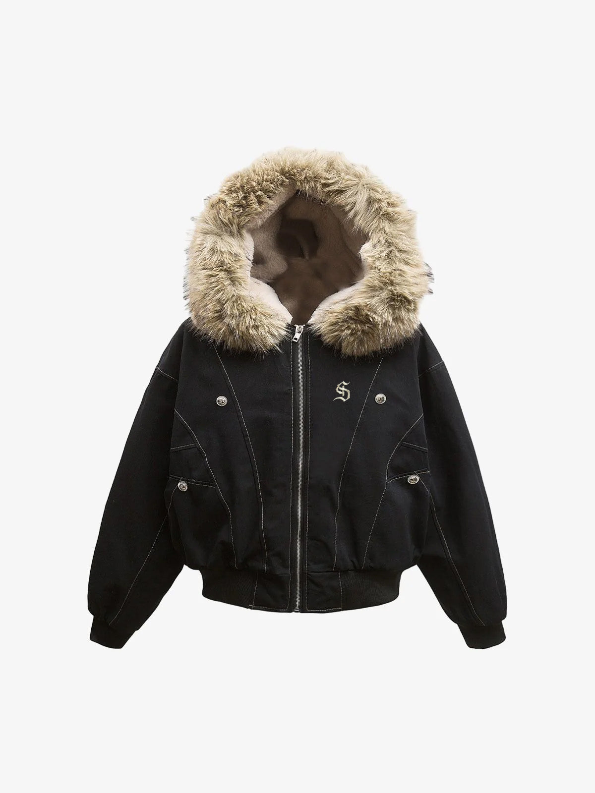 Faux Fur Lined Zip Up Winter Hooded Bomber Jacket - 2560