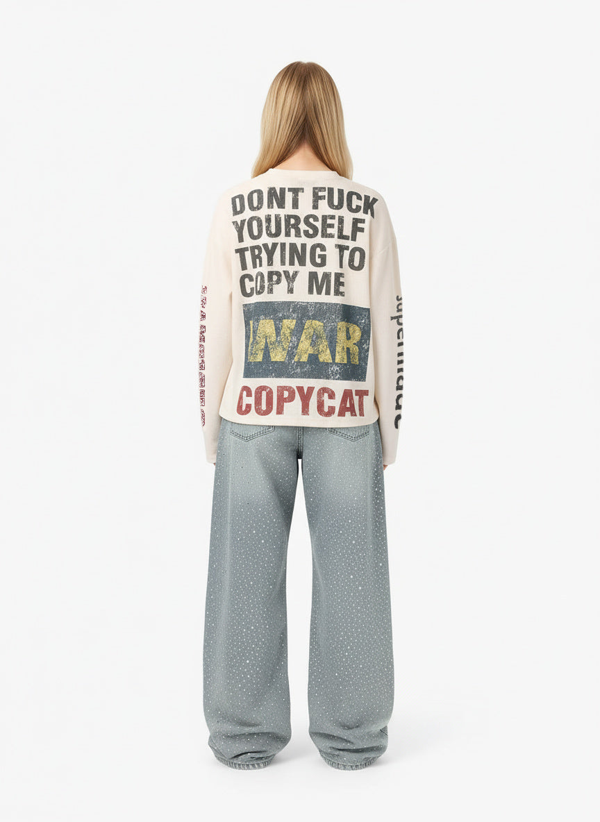 Waffle Knit Graphic Print Crewneck Sweatshirt - 2496