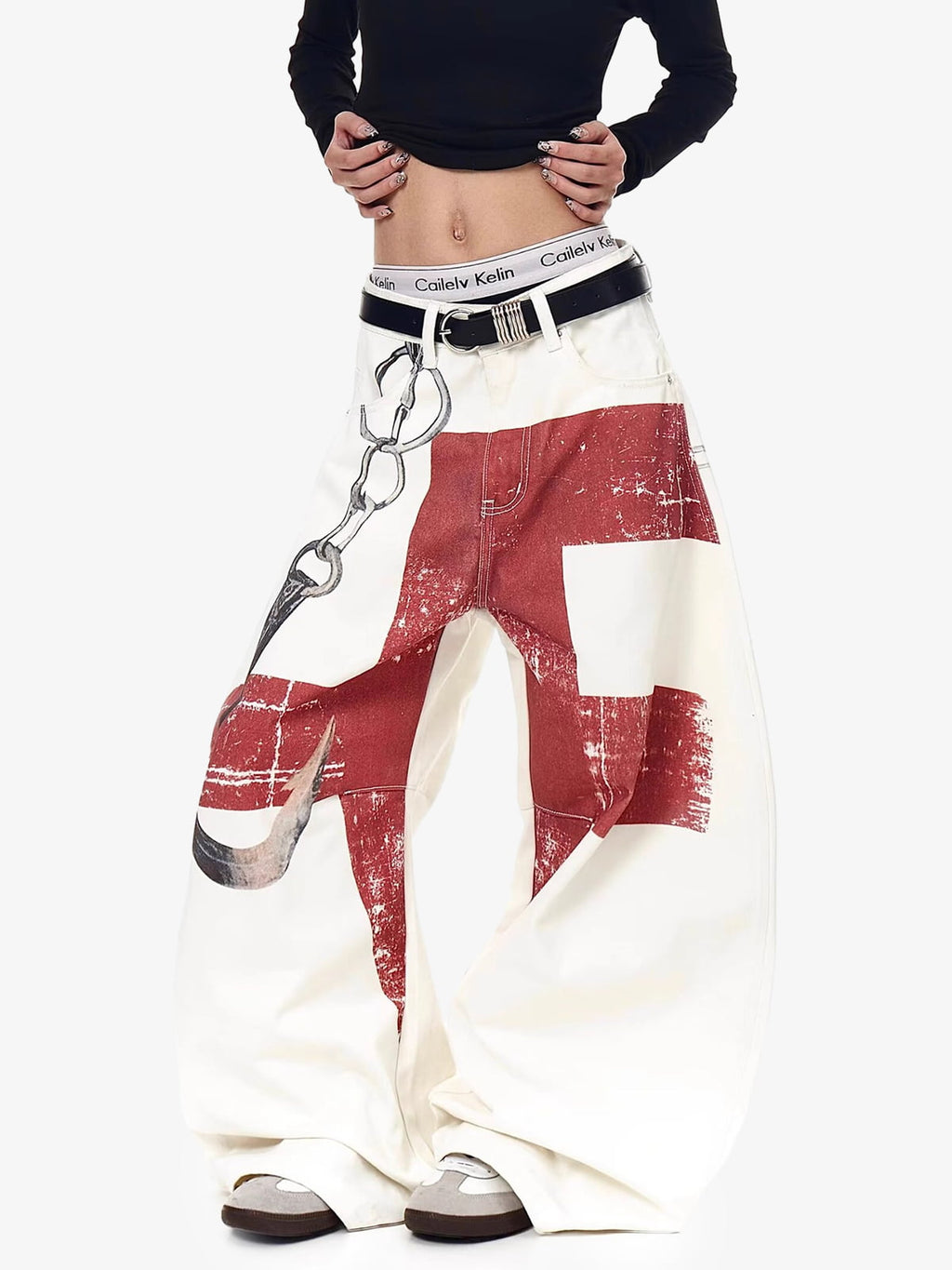 Vintage Distressed Chain Print Oversized Canvas Baggy Pants