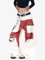 Vintage Distressed Chain Print Oversized Canvas Baggy Pants