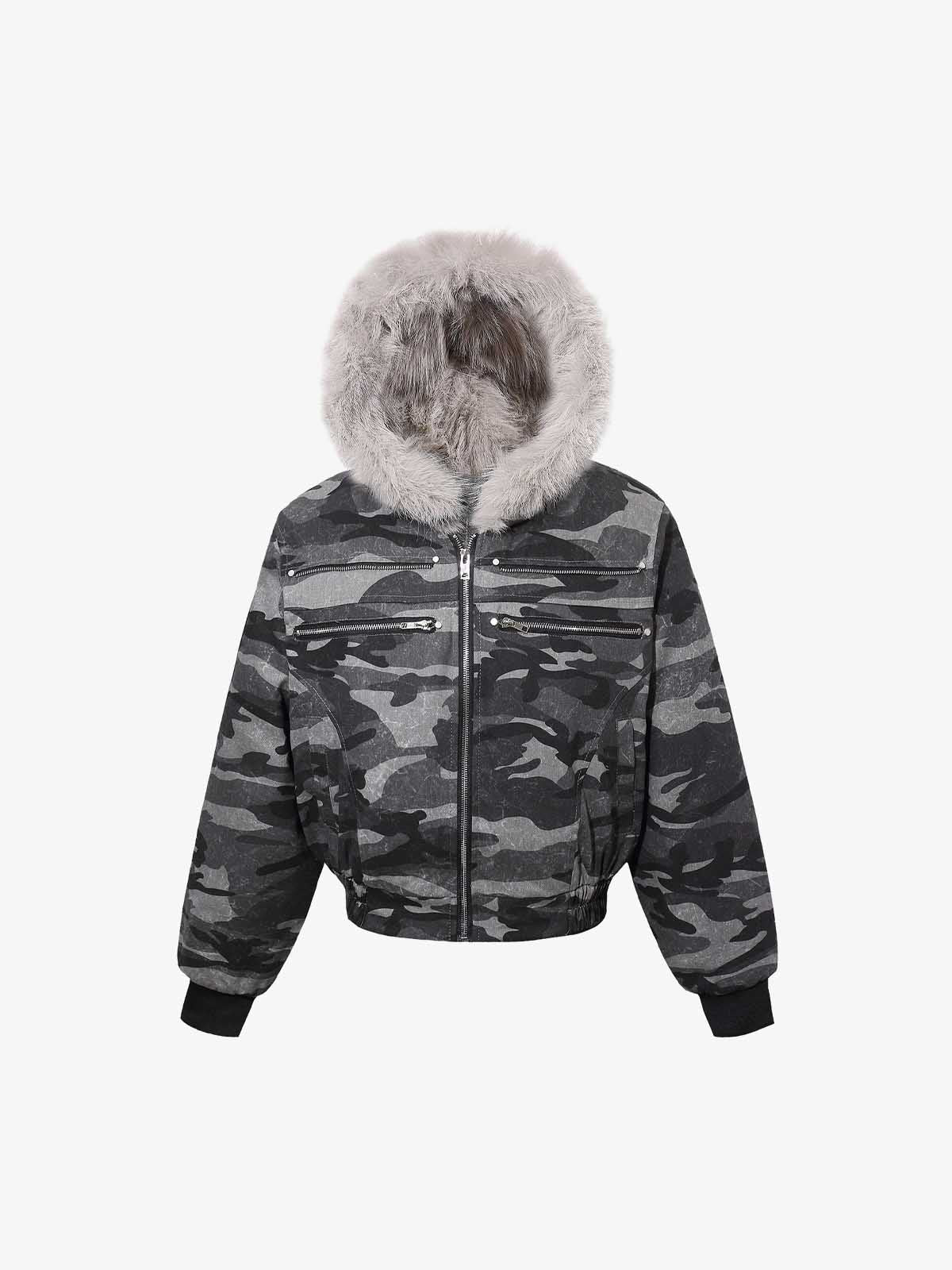 Vintage Camo Faux Fur Hood Padded Bomber Jacket