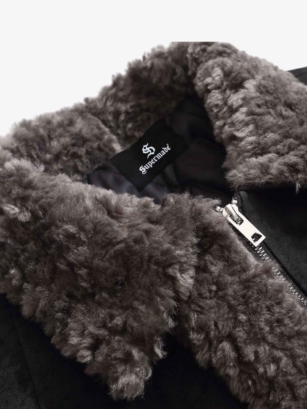 Retro Suede Texture Shearling Collar Fleece Bomber Jacket