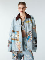 Artistic Patches Graphic  Distressed Denim Jacket - 2573