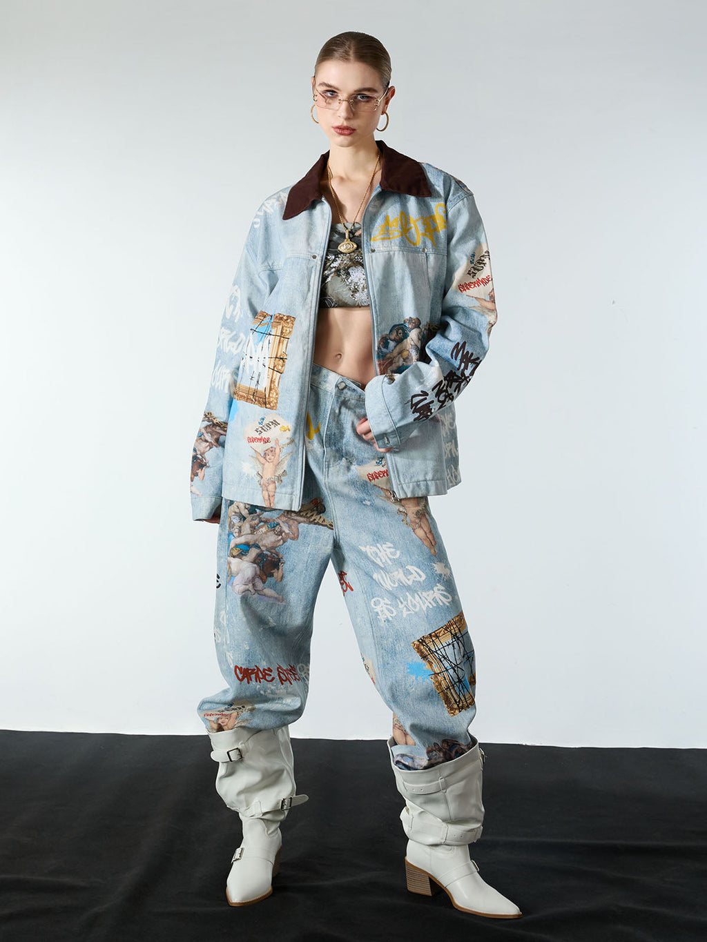 Artistic Patches Graphic  Distressed Denim Jacket - 2573