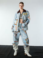 Artistic Patches Graphic  Distressed Denim Jacket - 2573
