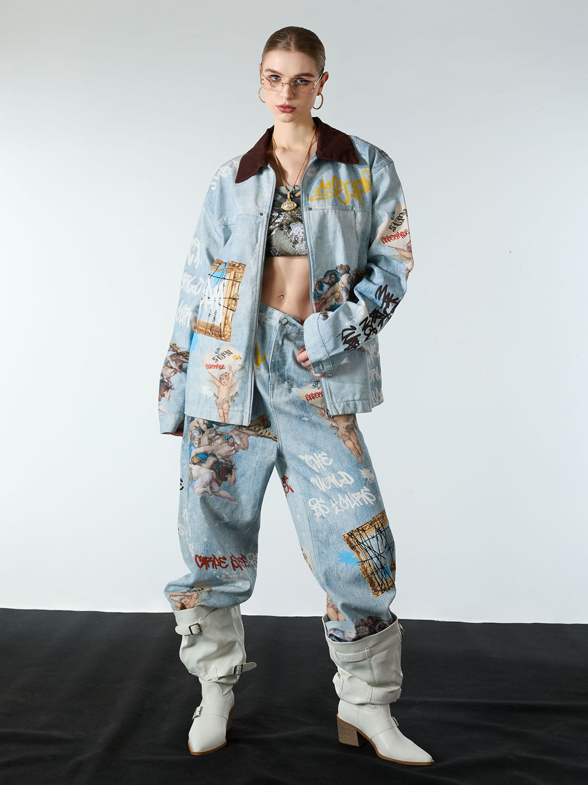Artistic Patches Graphic  Distressed Denim Jacket - 2573