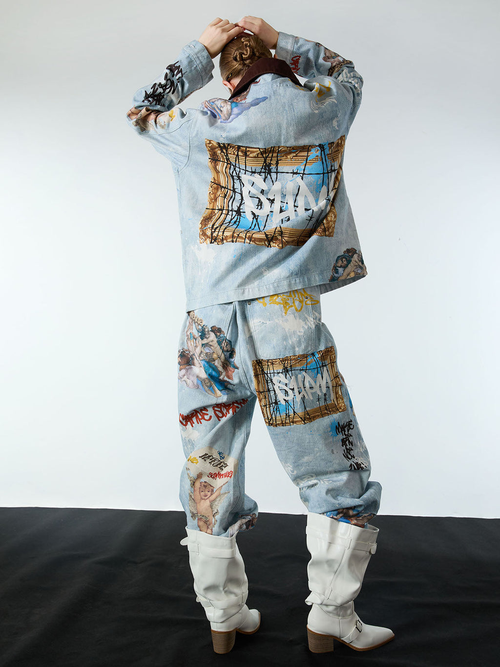 Artistic Patches Graphic  Distressed Denim Jacket - 2573