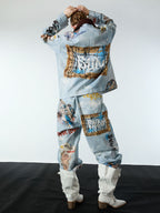 Artistic Patches Graphic  Distressed Denim Jacket - 2573