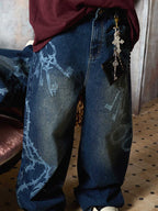 Original Retro Thorn and Key Pattern Laser-Burnout Baggy Jeans - 2595