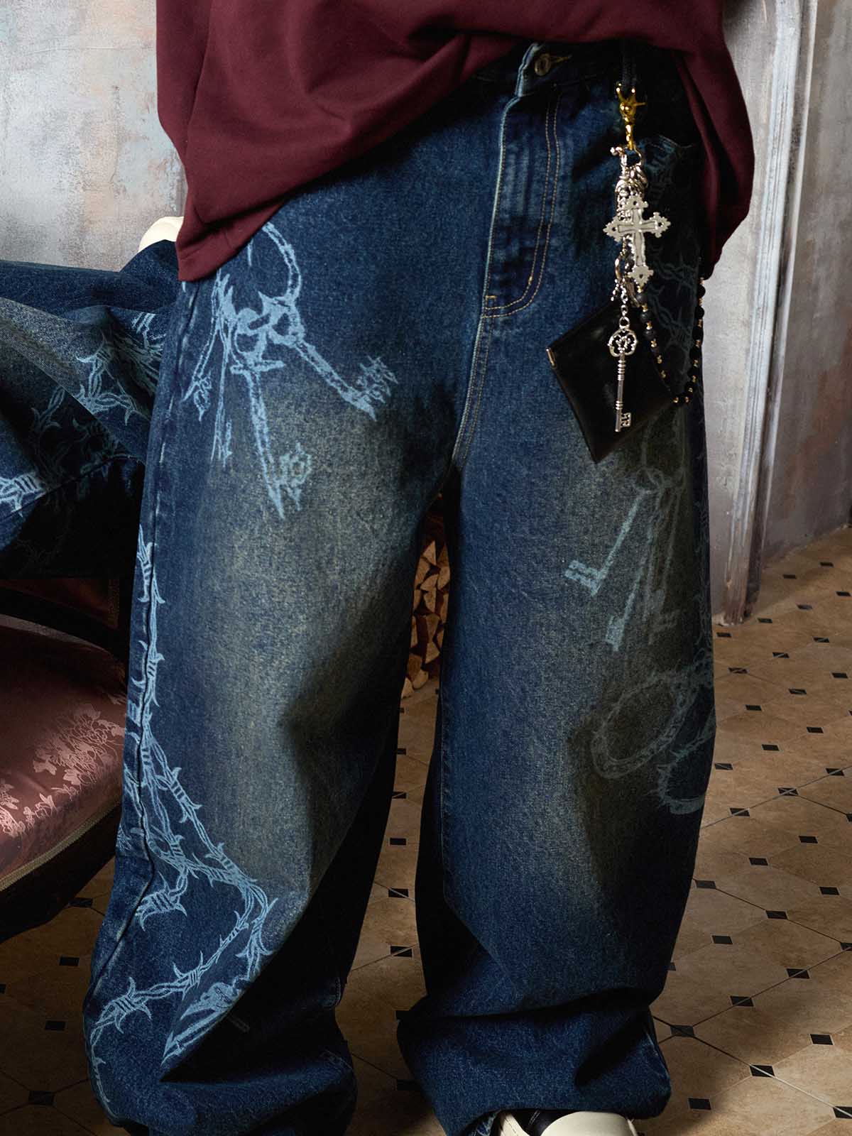 Original Retro Thorn and Key Pattern Laser-Burnout Baggy Jeans - 2595