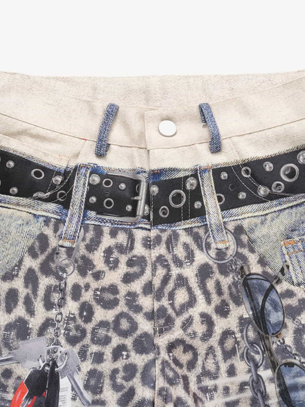 Vintage Leopard 3D Print Double Waistband Washed Jeans