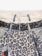 Vintage Leopard 3D Print Double Waistband Washed Jeans