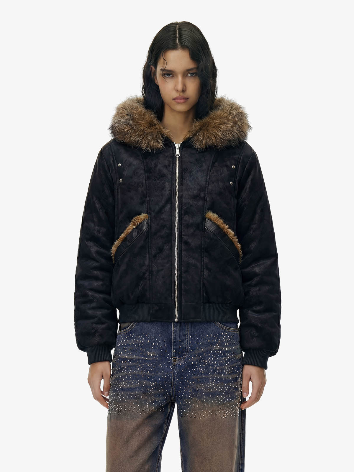 Retro Detachable Faux Fur Collar Suede Fleece Hoodie Jacket