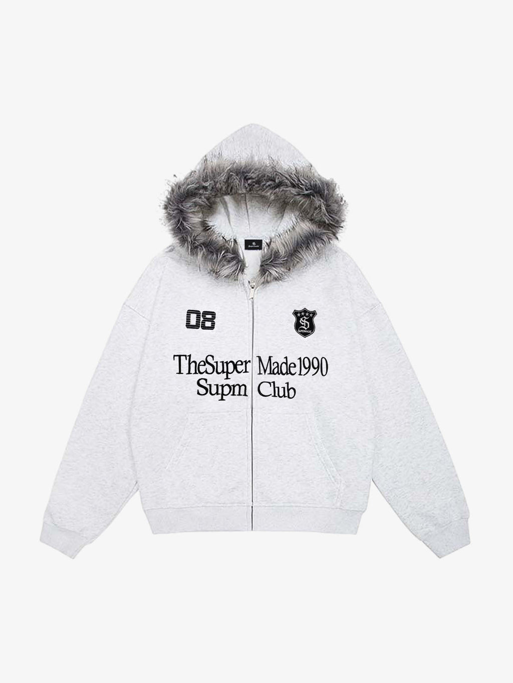 Letter Medal Embroidered Cardigan Fur Collar Zip Up Hoodie- 2502