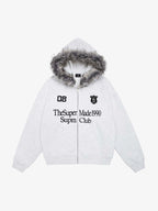 Letter Medal Embroidered Cardigan Fur Collar Zip Up Hoodie- 2502