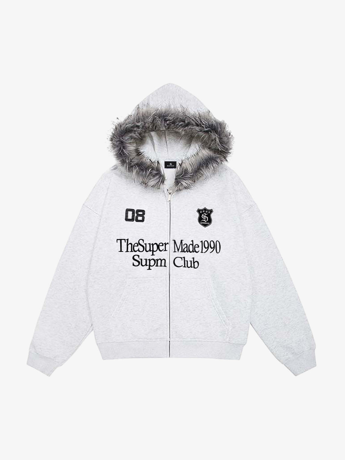 Letter Medal Embroidered Cardigan Fur Collar Zip Up Hoodie- 2502