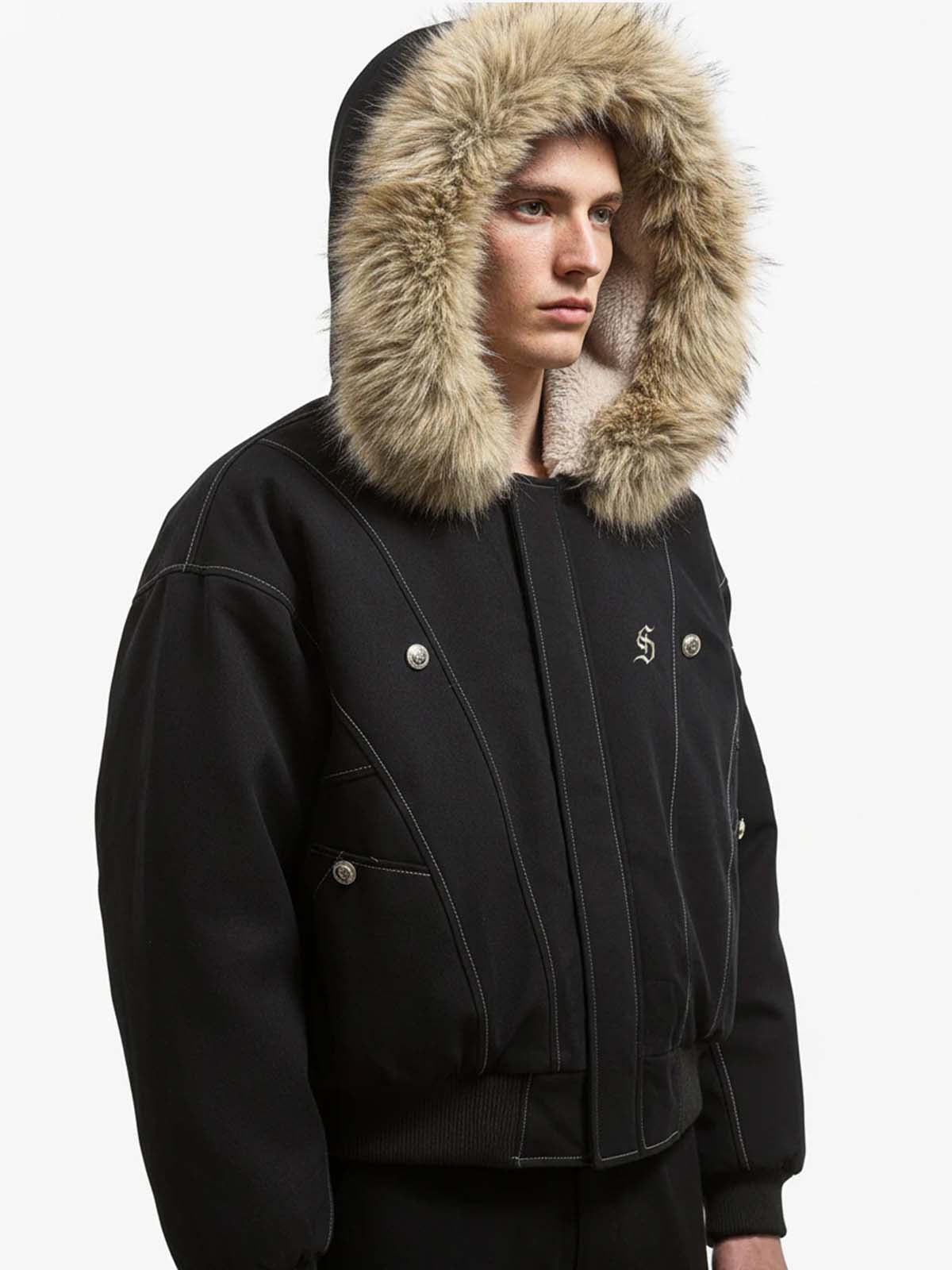 Faux Fur Lined Zip Up Winter Hooded Bomber Jacket - 2560