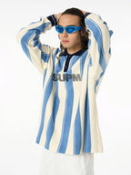 Retro Striped Polo Collar Sports Jersey Knit Sweater