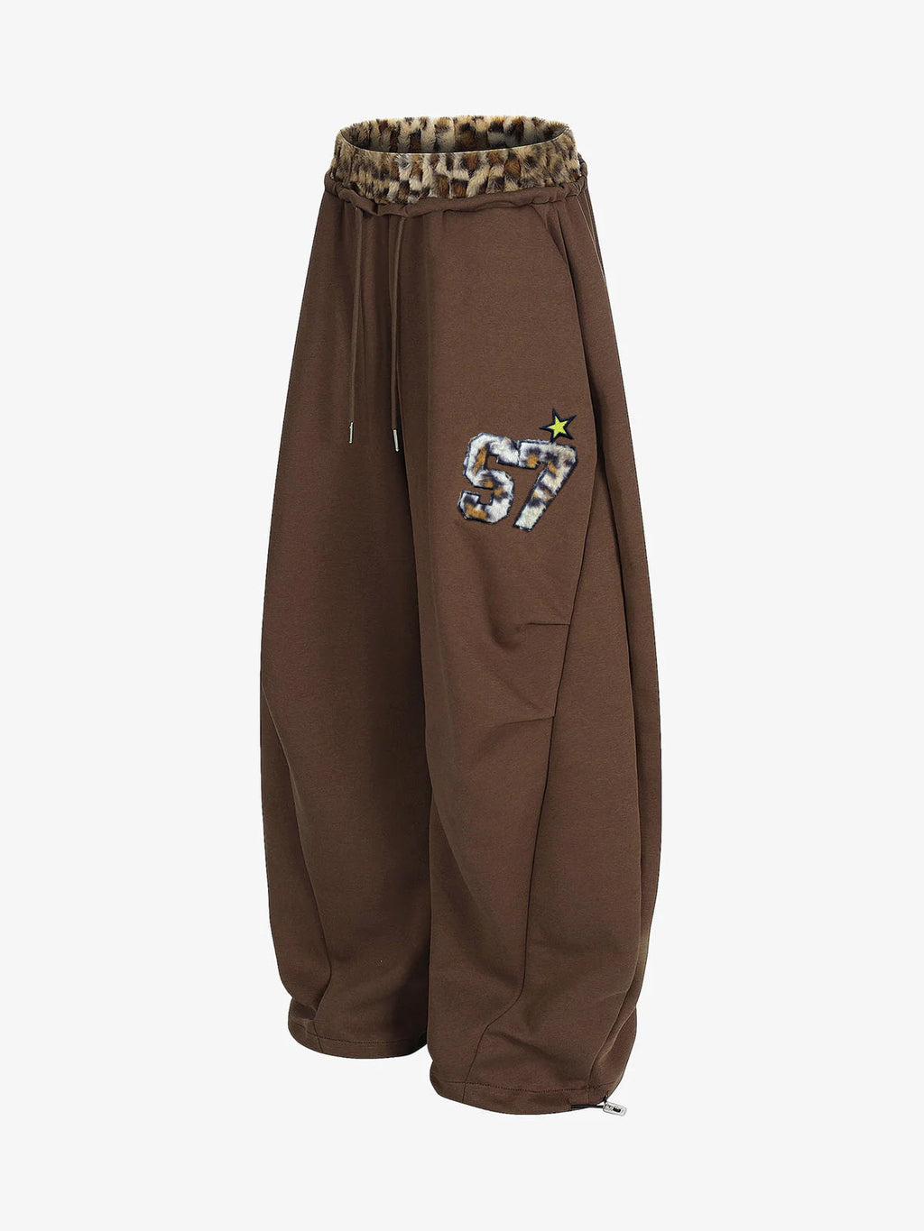 Retro Double-Waist Leopard Patch Barrel Pants - 2564