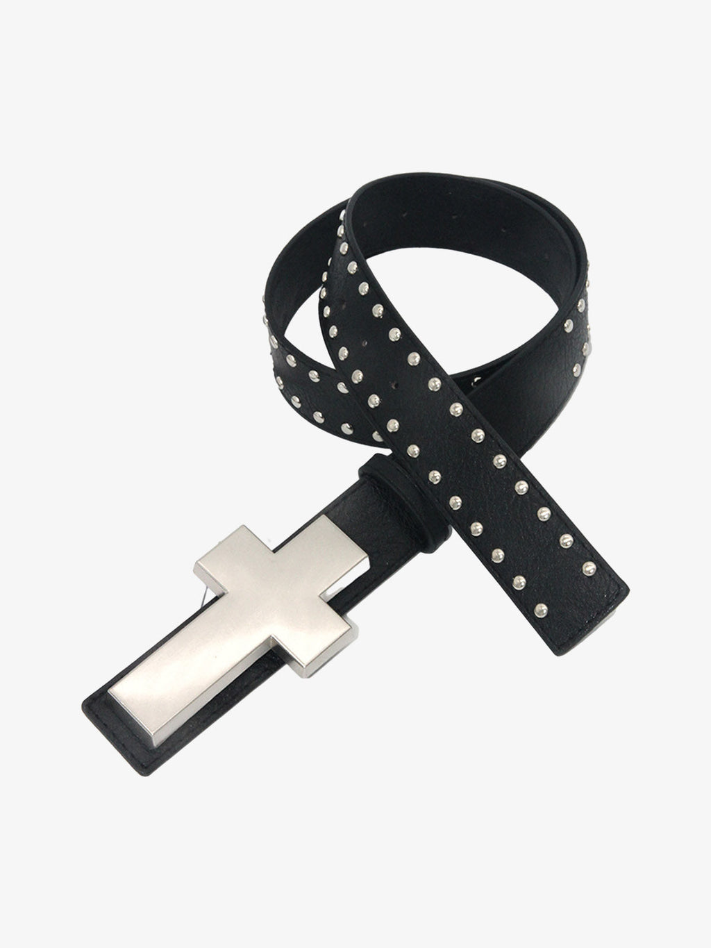Cross Buckle Studded Black Leather Belt
