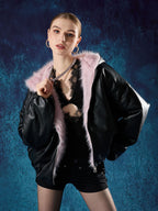 Leather Pink Fur Hooded Quilted Jacket - 2535