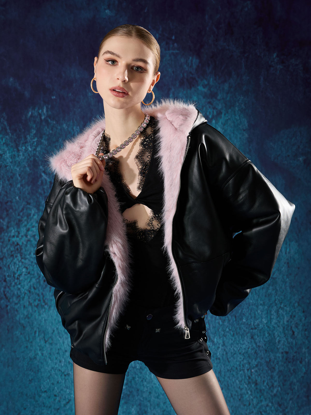 Leather Pink Fur Hooded Quilted Jacket - 2535