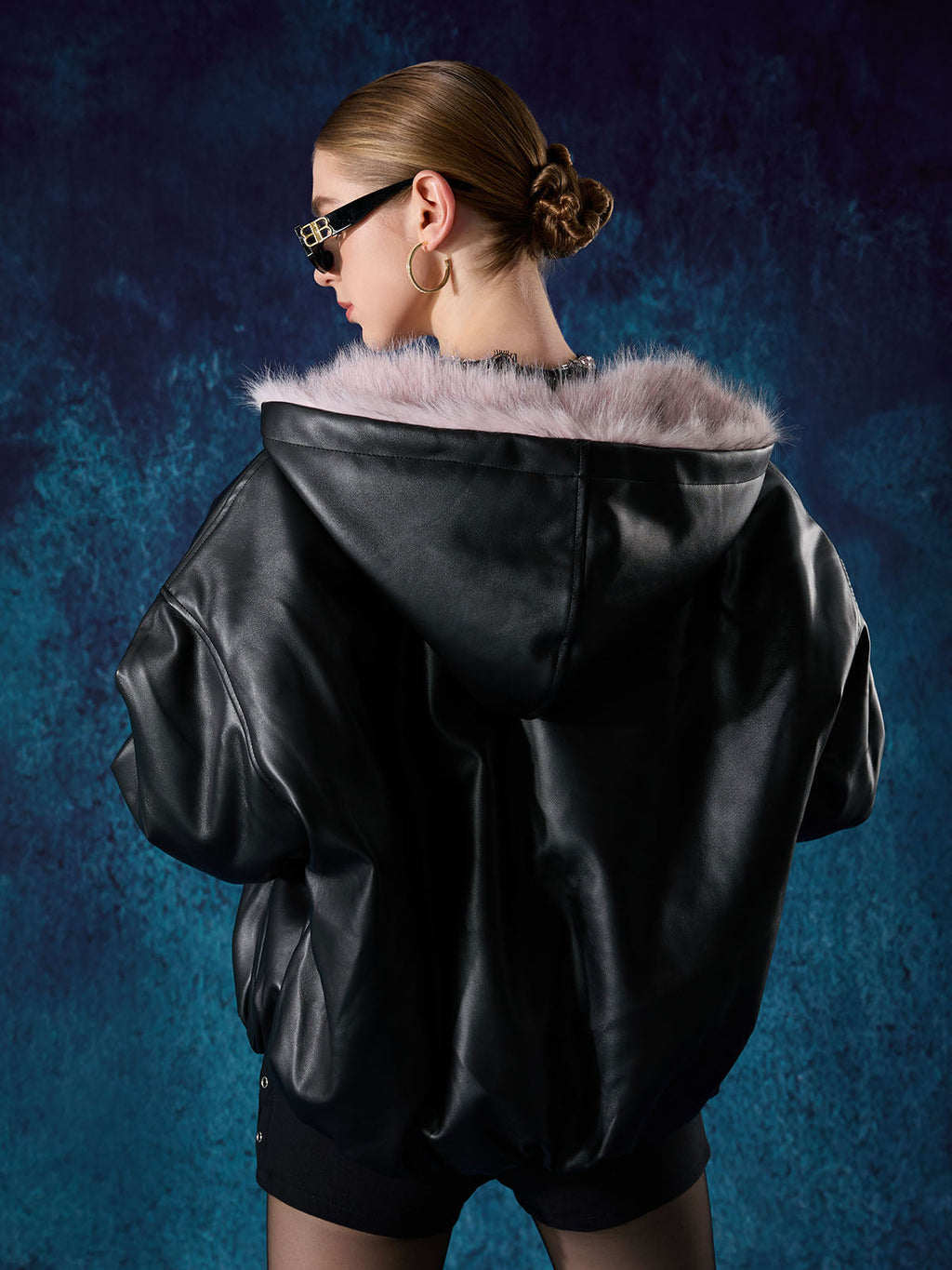 Leather Pink Fur Hooded Quilted Jacket - 2535