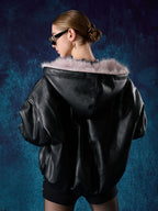 Leather Pink Fur Hooded Quilted Jacket - 2535