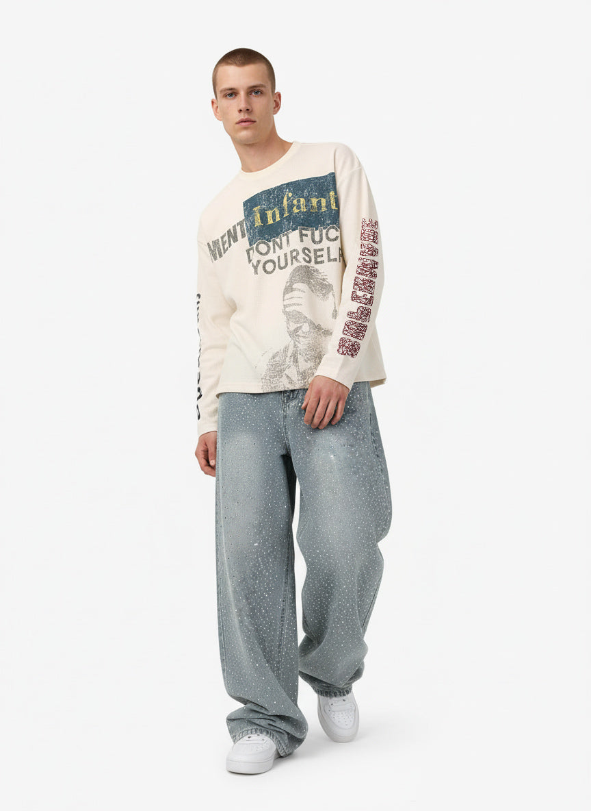 Waffle Knit Graphic Print Crewneck Sweatshirt - 2496