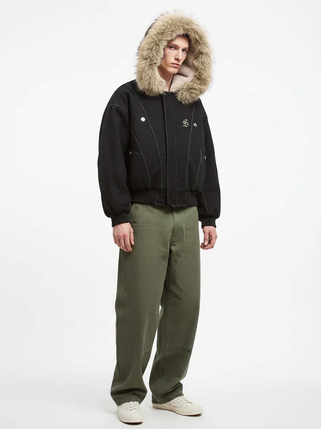 Faux Fur Lined Zip Up Winter Hooded Bomber Jacket - 2560