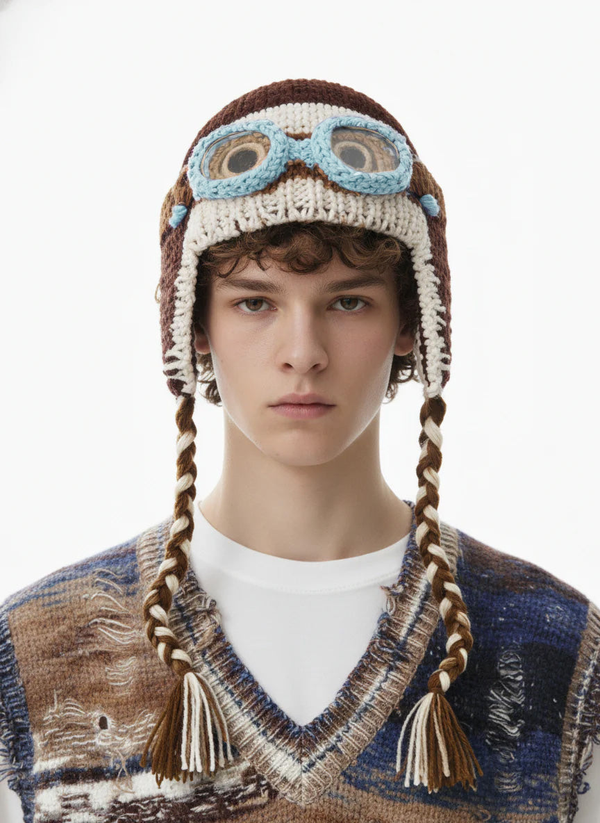 Colorblock Crochet Goggles Trapper Hat
