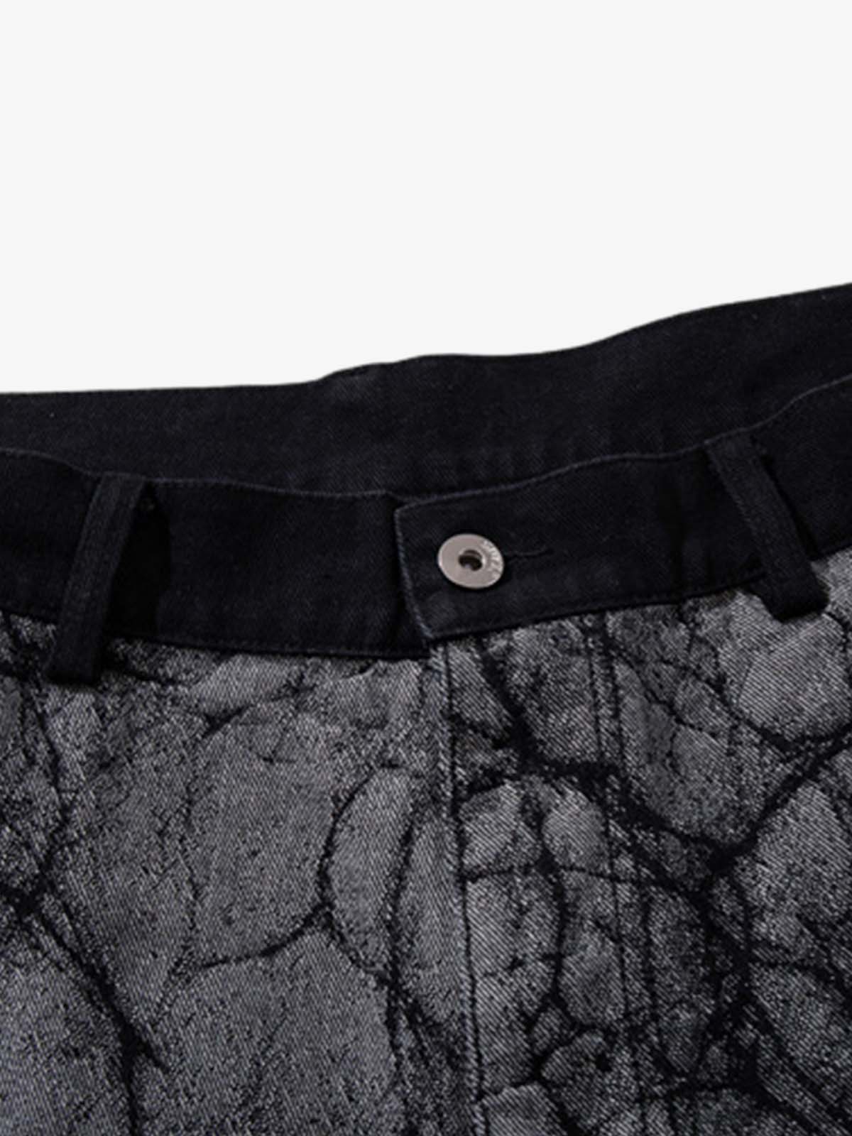 Crackle Print Panel Studded Pleated Denim Jeans