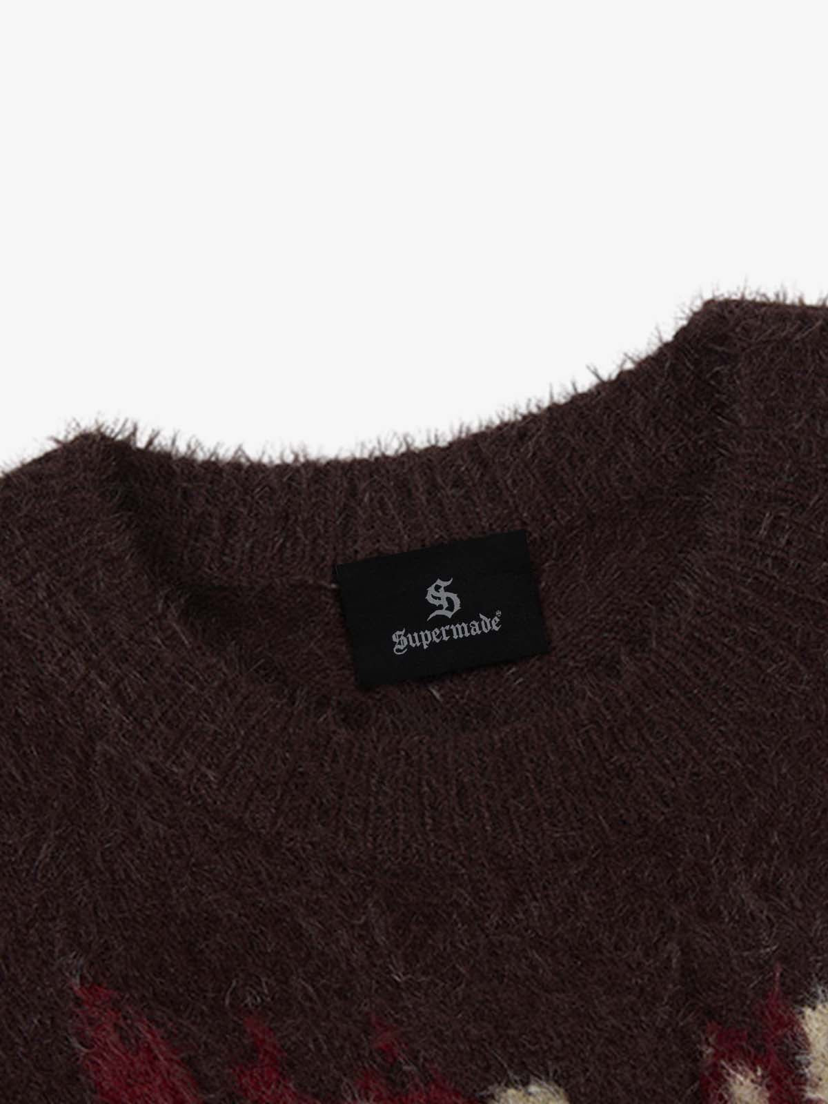 Burning Letter Jacquard Fuzzy Mohair Knit Sweater