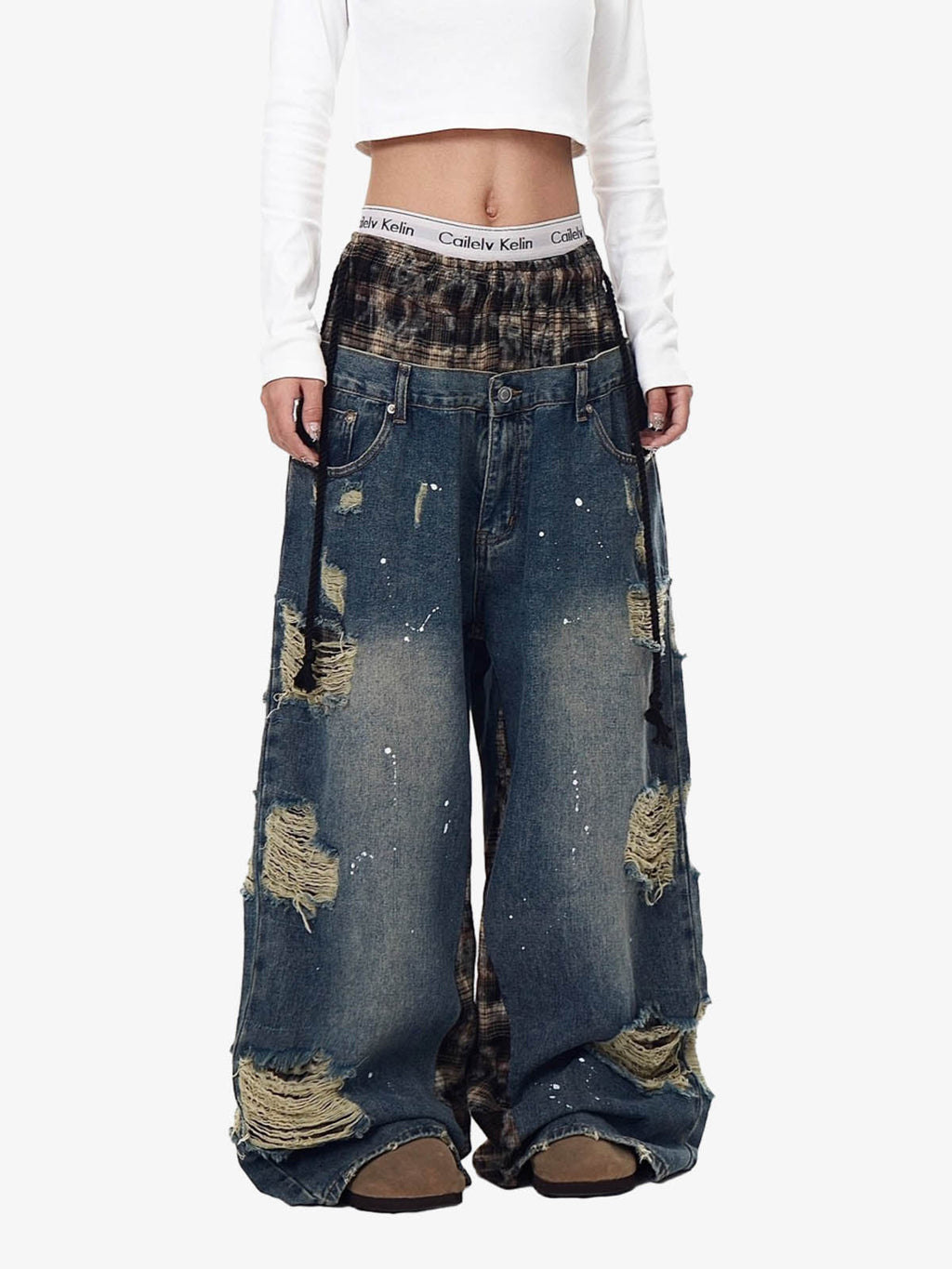 Distressed Plaid Layered Drawstring Wide Leg Jeans
