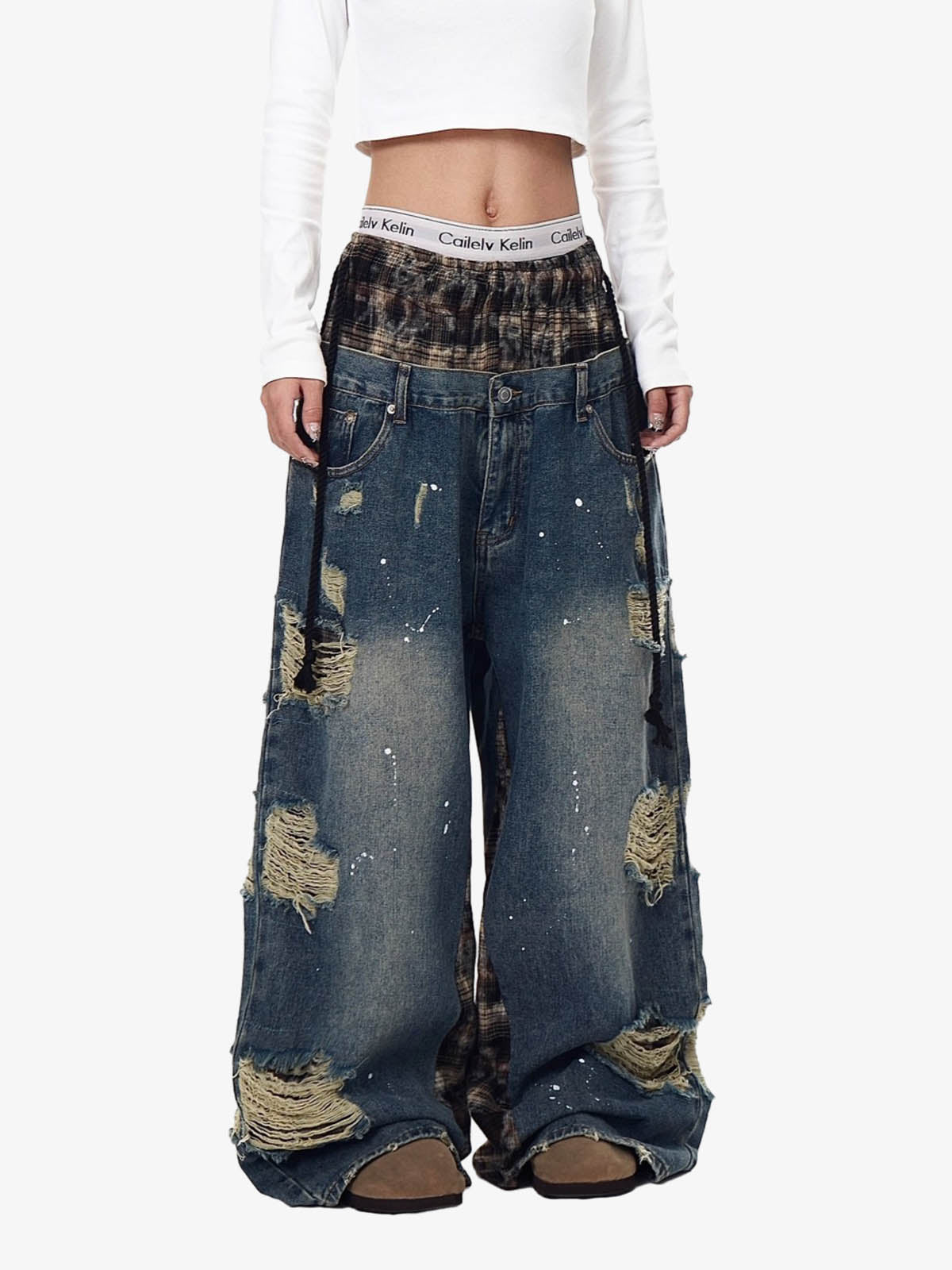 Distressed Plaid Layered Drawstring Wide Leg Jeans