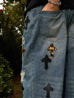 Vintage Wash Camo Cross Applique Distressed Straight Jeans