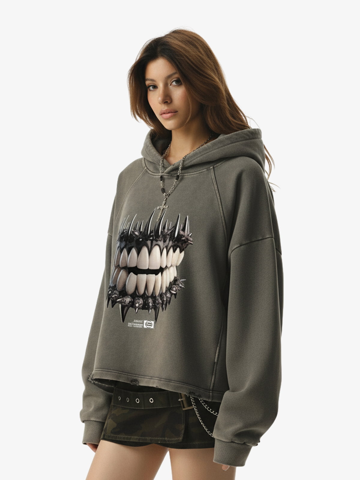 Dark Monster Teeth Graphic Cropped Hoodie