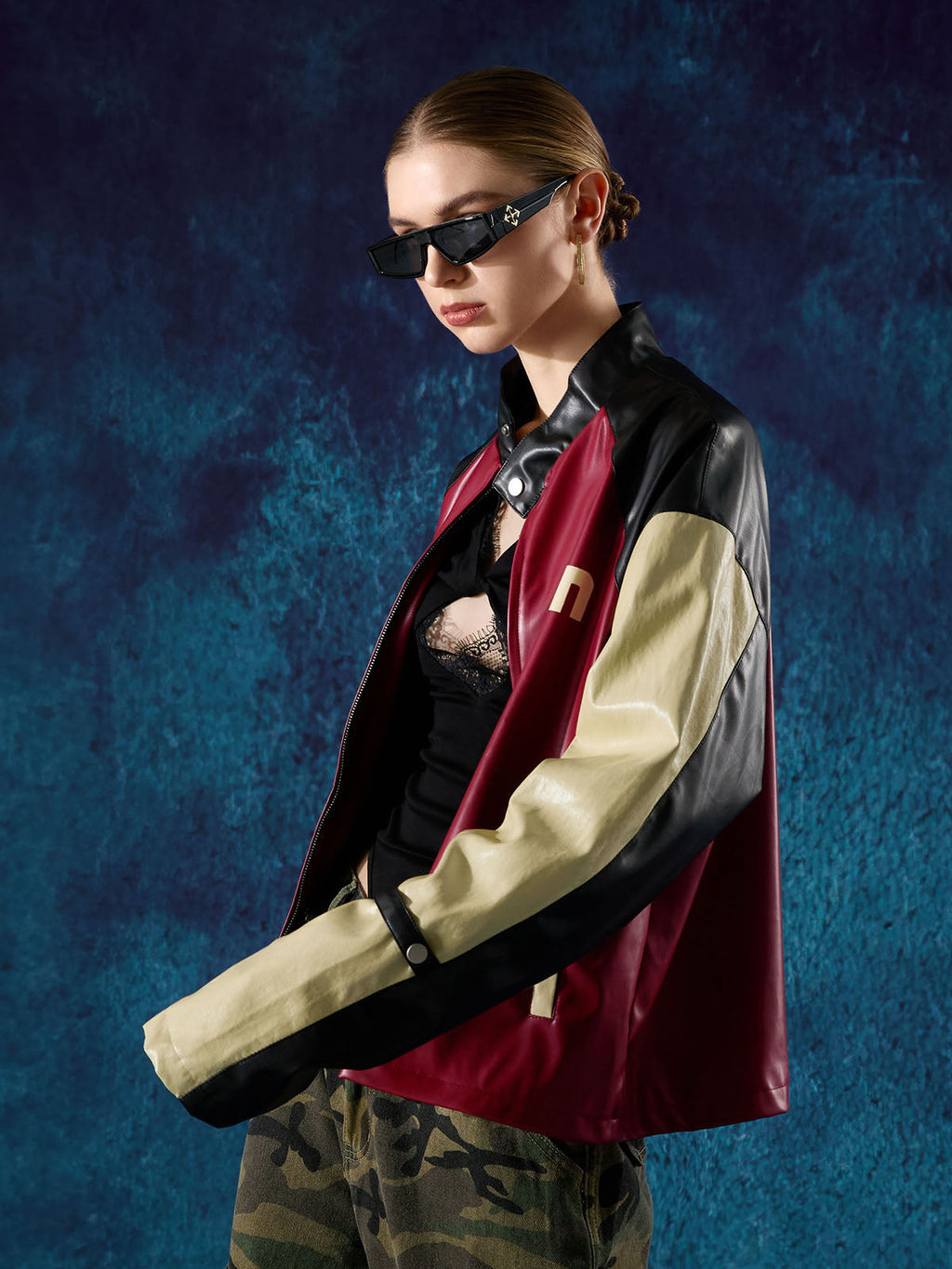 Original Contrast Color Leather Jacket - 2565