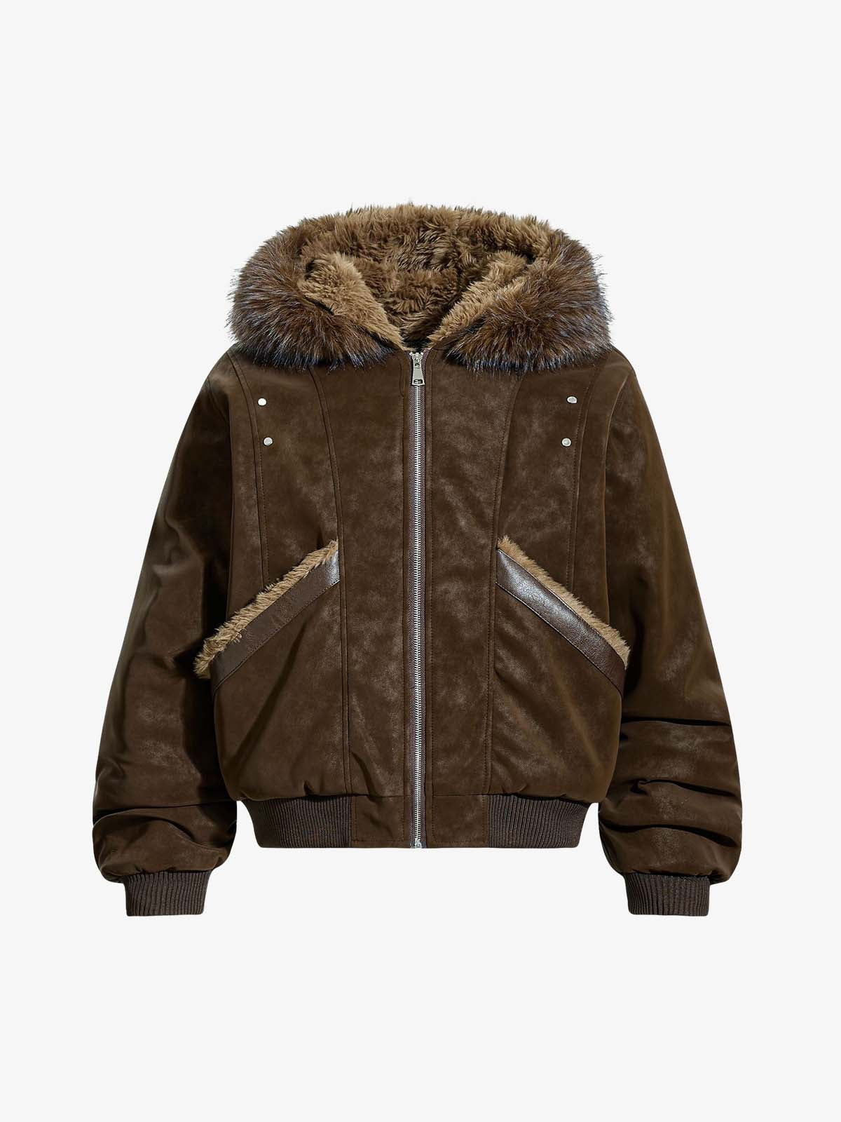 Retro Detachable Faux Fur Collar Suede Fleece Hoodie Jacket
