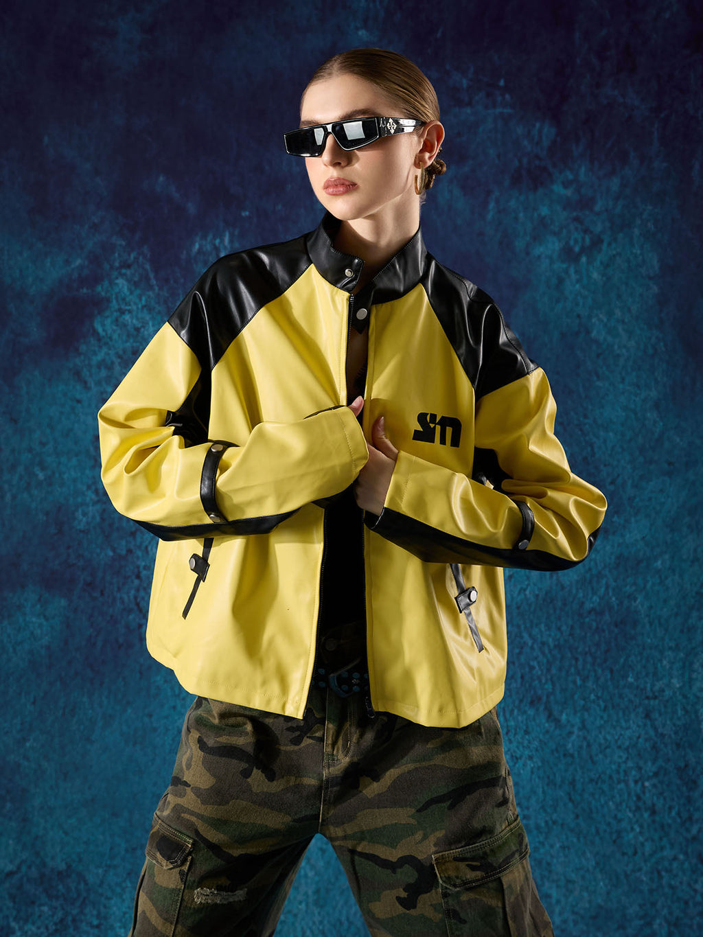 Original Contrast Color Leather Jacket - 2565