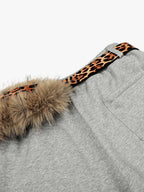 Leopard Belt Fur-Pom Detail Fleece Wide-Leg Pants