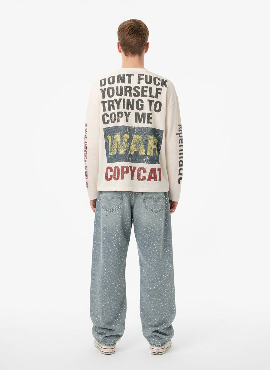 Waffle Knit Graphic Print Crewneck Sweatshirt - 2496