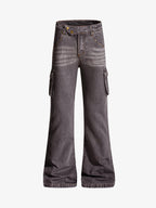 Retro Faded Multi-Pocket Flared Cargo Jeans