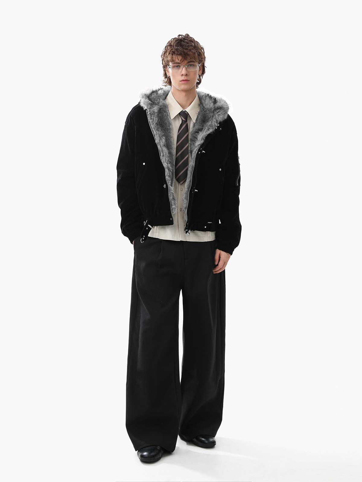 Streetwear Metal Clip Faux Fur Hooded Suede Bomber Jacket - 2597