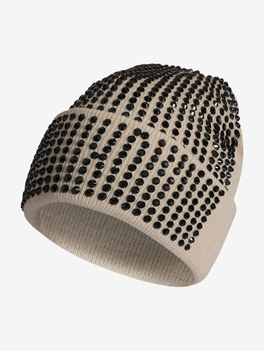 Rhinestone Embellished Ribbed Knit Beanie Hat