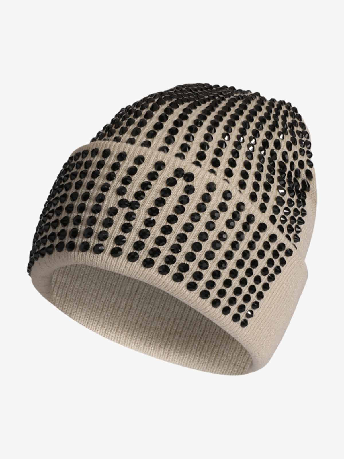 Rhinestone Embellished Ribbed Knit Beanie Hat