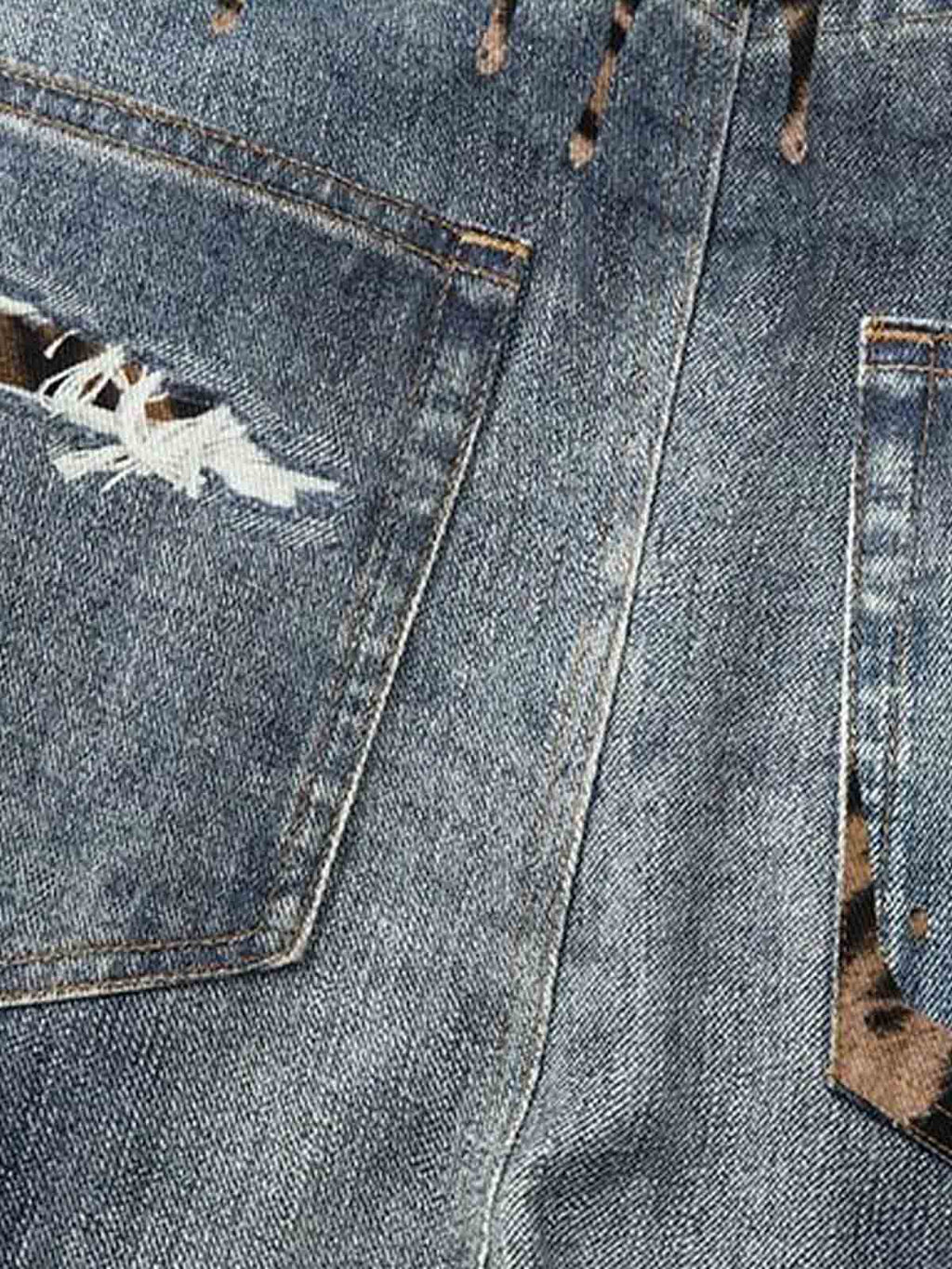 Vintage Washed Tiger Print Wide Leg Denim Jeans
