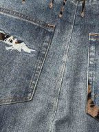 Vintage Washed Tiger Print Wide Leg Denim Jeans