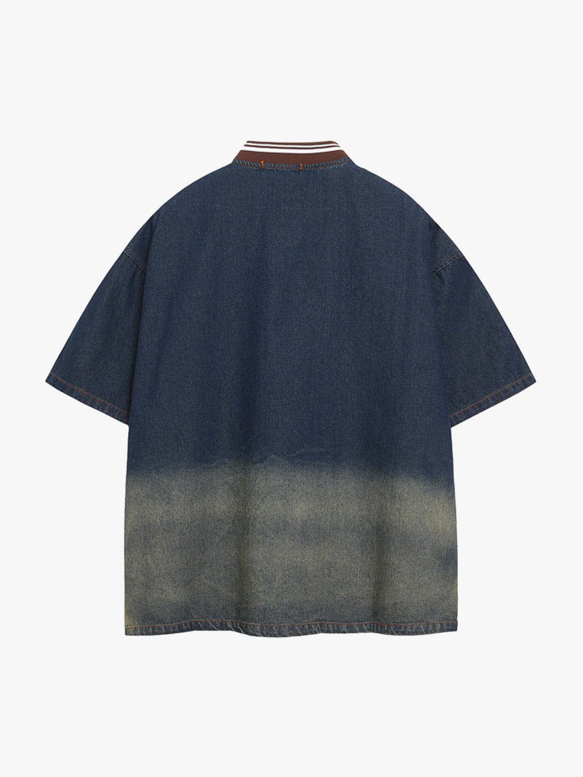 Denim Vintage Washed Distressed Gradient Embroidery T-Shirt